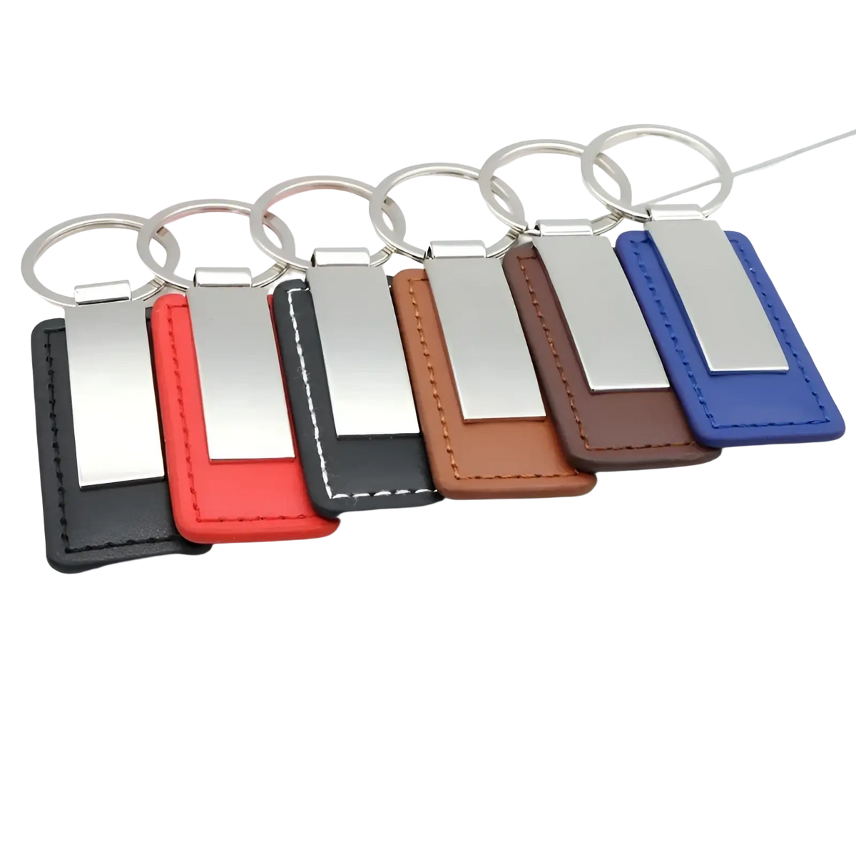 Rectangular leather keychains in black red brown and blue with silver metal inserts for custom couple matching gifts