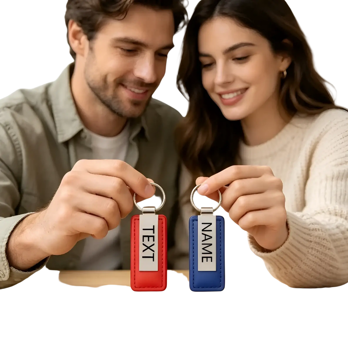 Red and blue rectangular leather keychains with silver metal rings for custom couple personalized matching gift