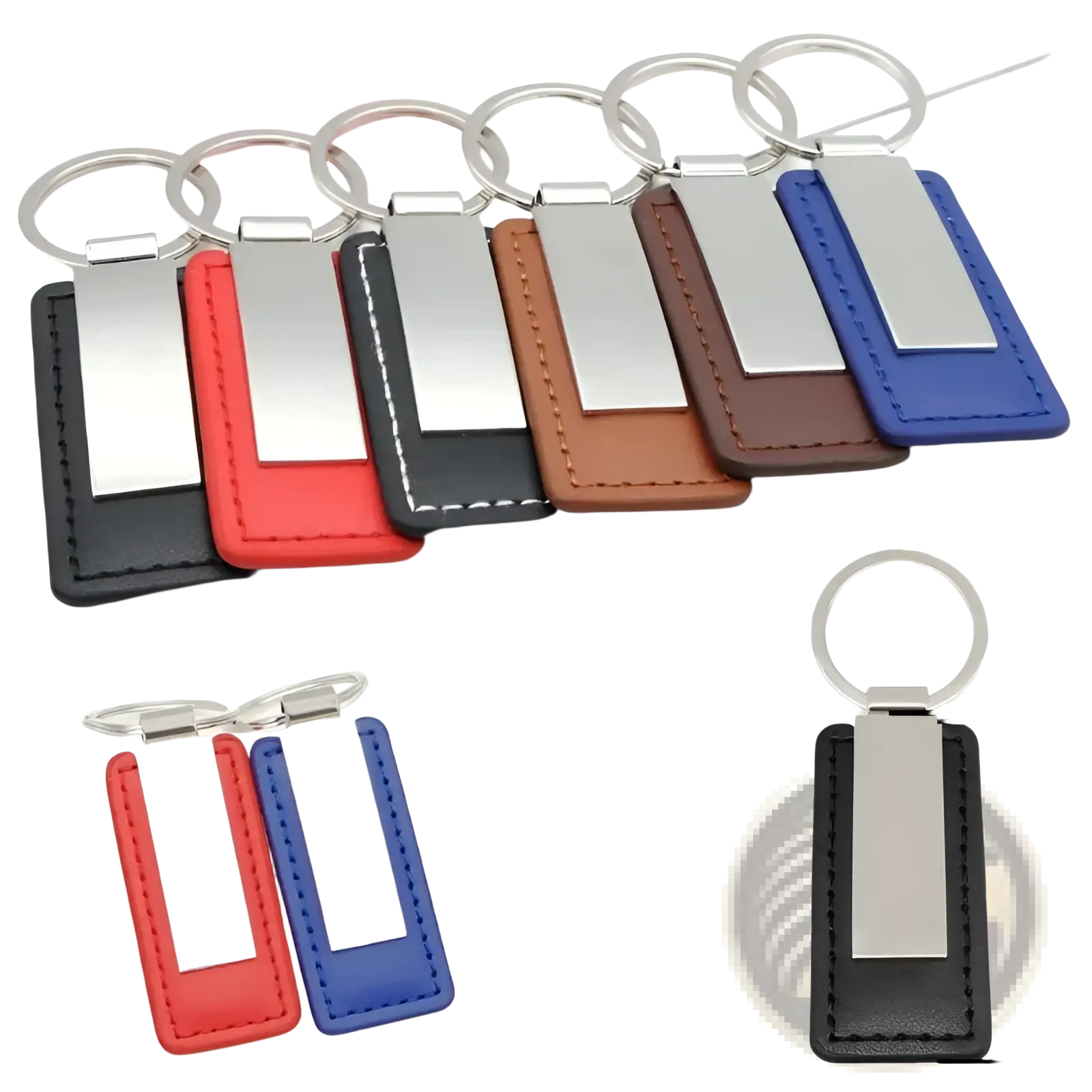 Set of custom couple leather keychains in black red brown and blue with silver metal inserts for matching gifts