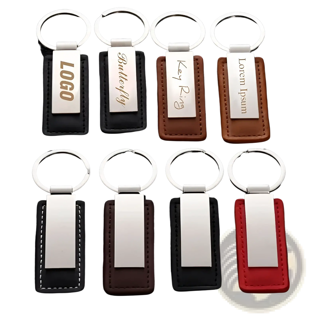 Set of eight custom couple leather keychains in black brown and red with silver metal plates and rings personalized gift