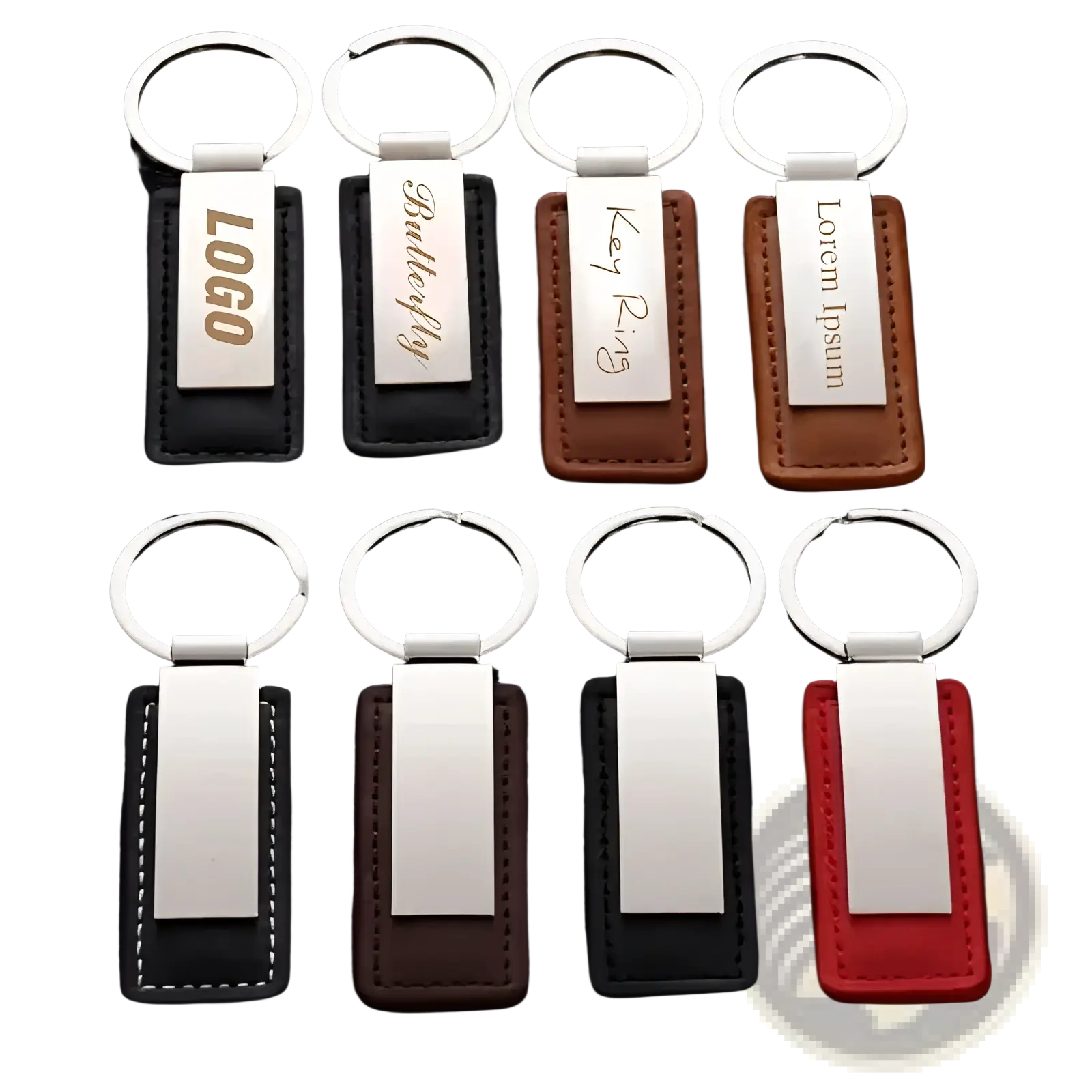 Set of eight custom couple leather keychains in black brown and red with silver metal plates and rings personalized gift