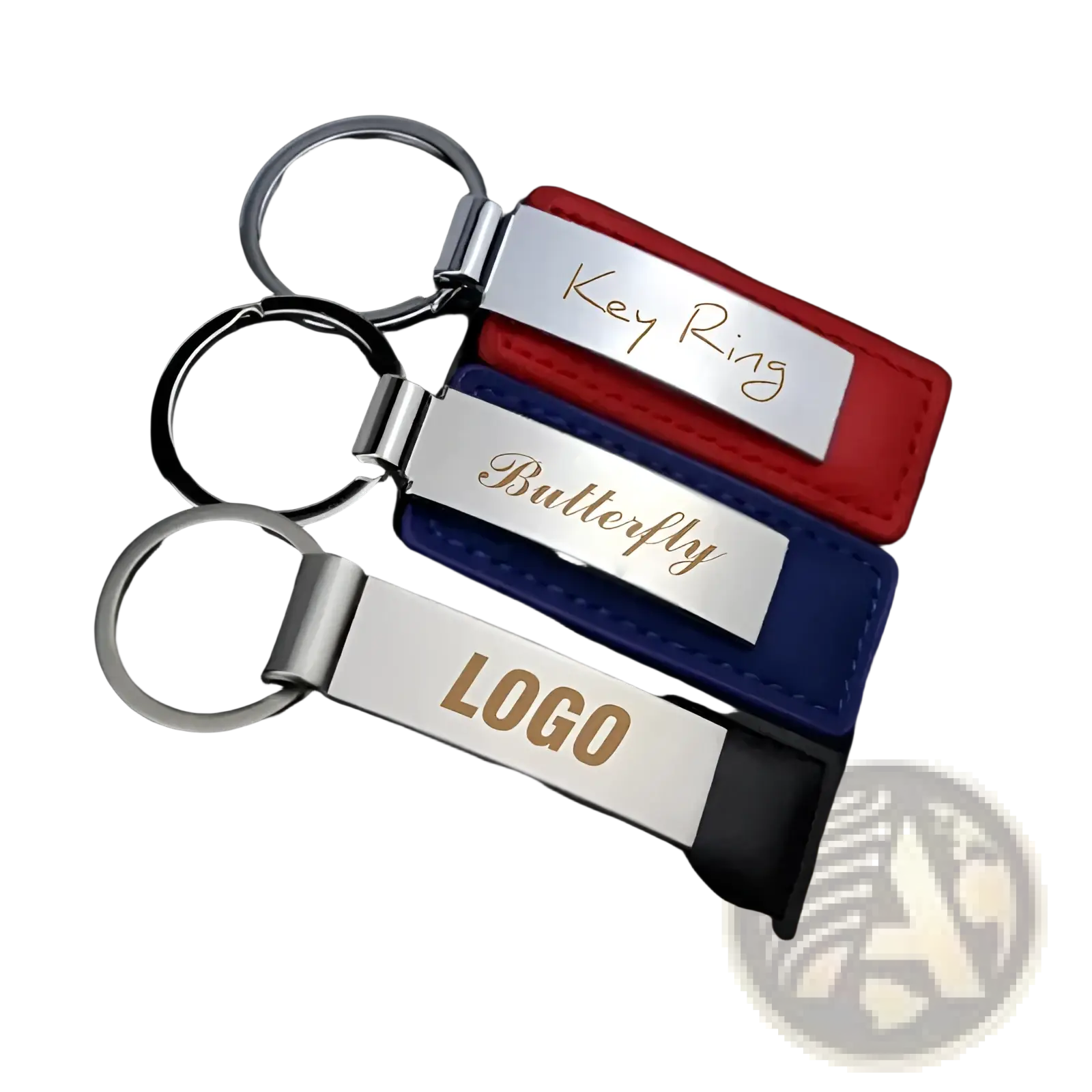 Custom couple leather keychain with personalized silver metal plates in red blue and black rectangular key rings