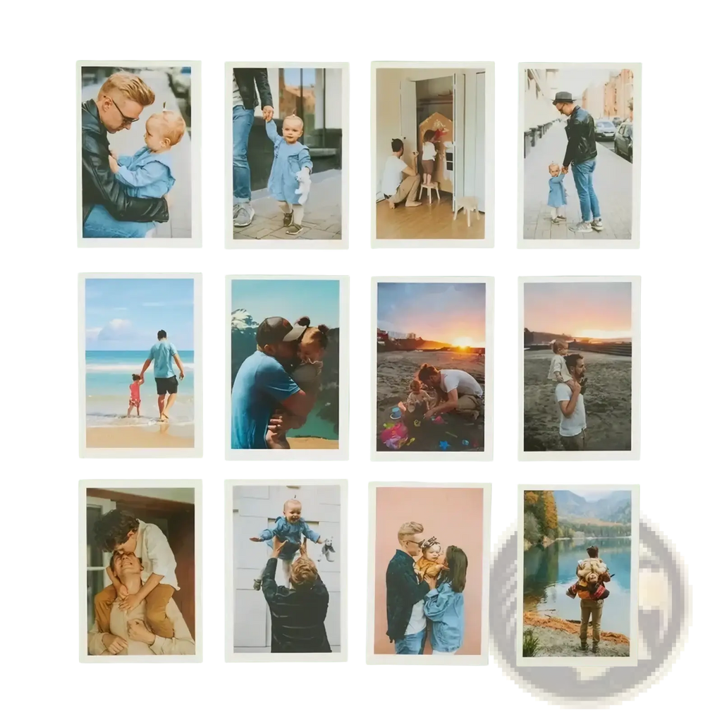 Custom couple photo print featuring twelve framed family photos arranged in a grid on a light green wall for anniversaries