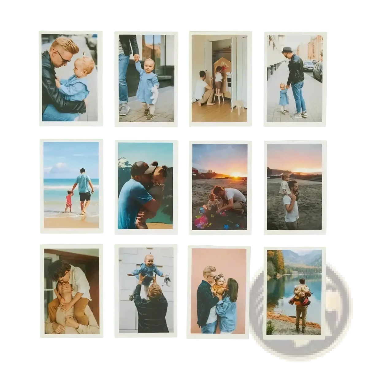 Custom couple photo print featuring twelve framed family photos arranged in a grid on a light green wall for anniversaries