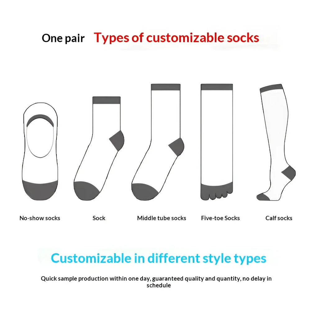 A pair of customizable unisex cotton crew socks in white with gray accents featuring various lengths and styles