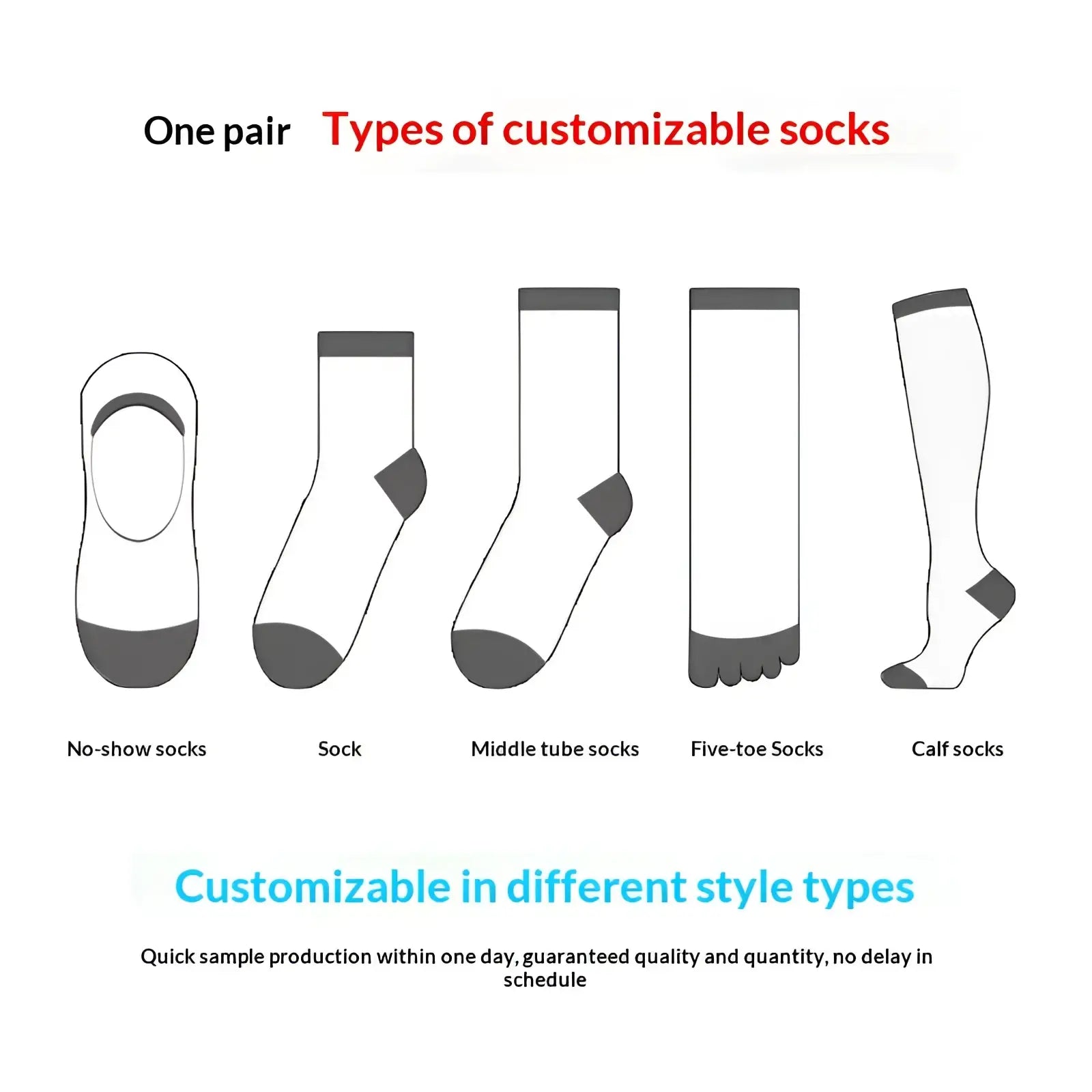 A pair of customizable unisex cotton crew socks in white with gray accents featuring various lengths and styles