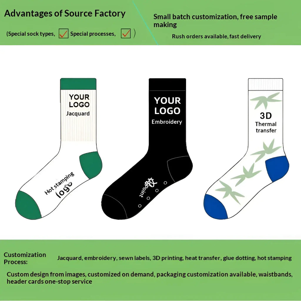 Custom crew socks unisex cotton mid calf white with green toe and heel featuring jacquard weave logo area