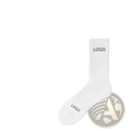 White ribbed cotton custom crew sock with logo printed in black on cuff and toe unisex mid calf socks