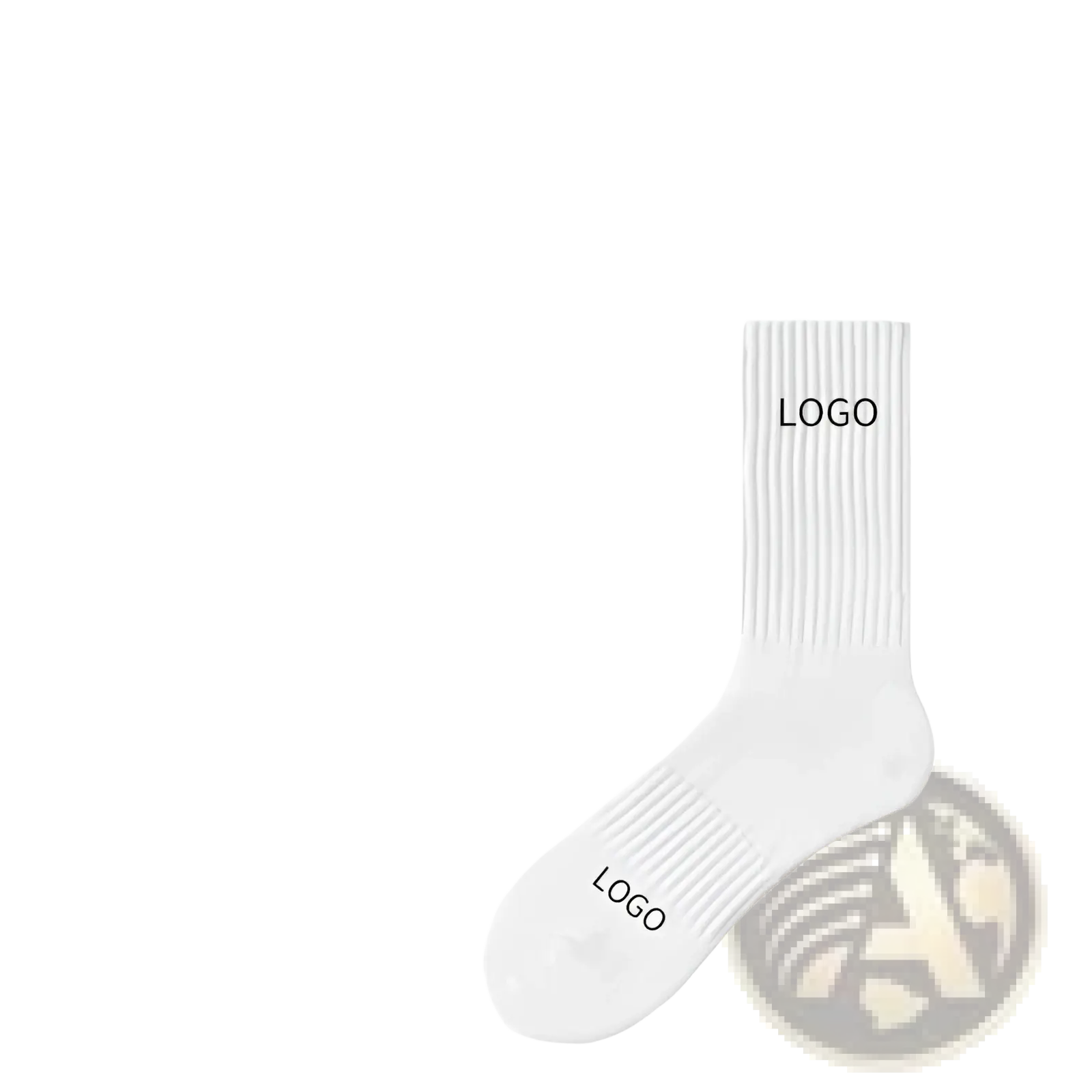 White ribbed cotton custom crew sock with logo printed in black on cuff and toe unisex mid calf socks