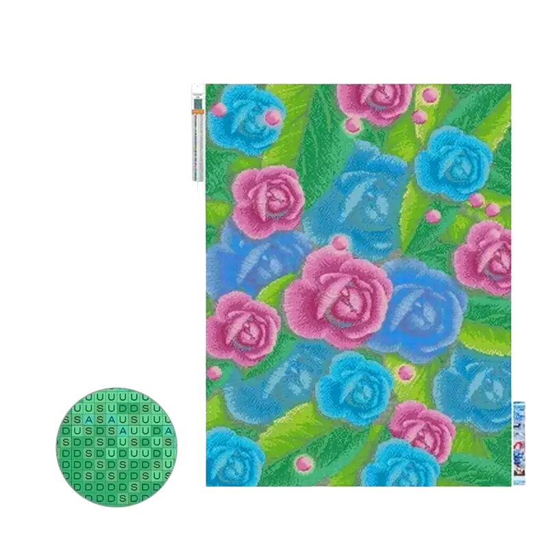 Vibrant square round diamond embroidery canvas with pink and blue roses on green background for fast delivery use