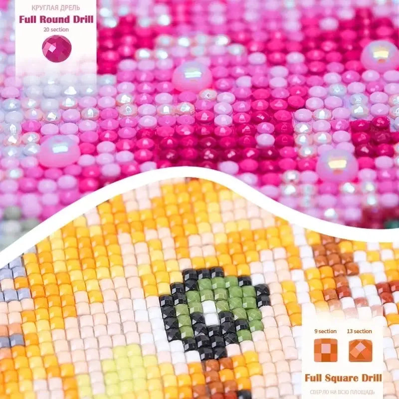 A vibrant pink and yellow custom diamond embroidery square round photo painting with floral design and sparkling beads