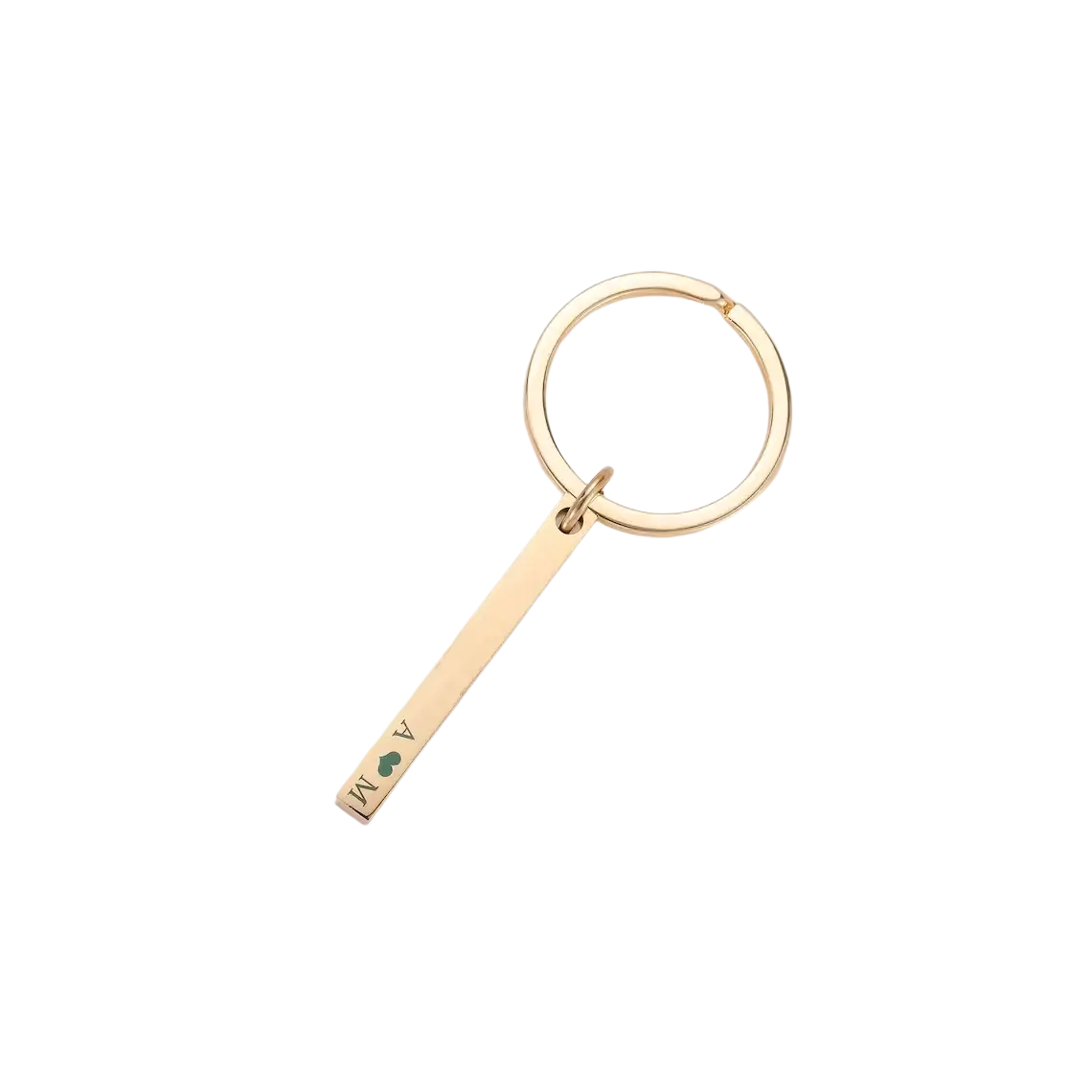 Custom engraved 4d bar keychain gold stainless steel rectangular with circular ring and engraved initials a and m separated by green heart