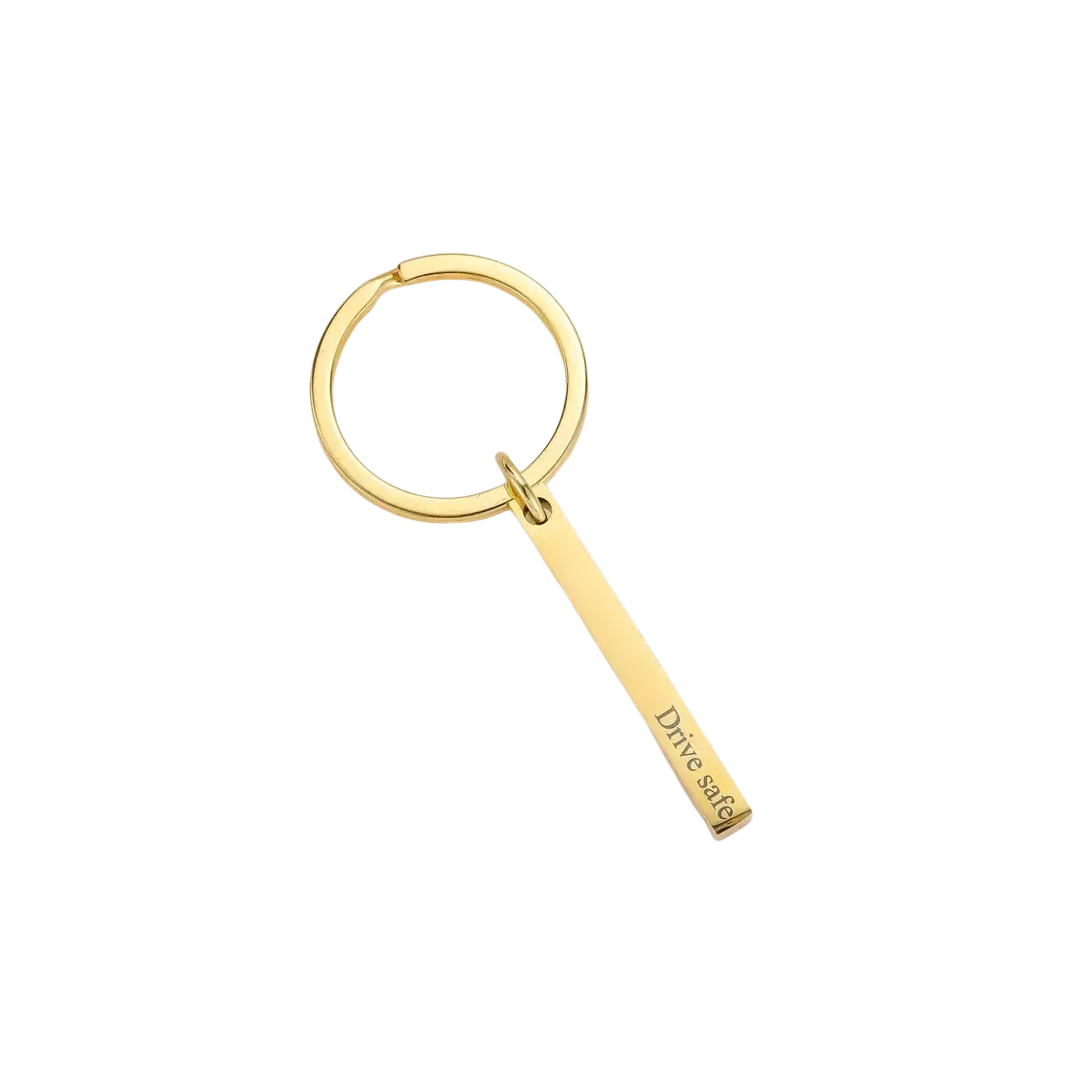 Gold-colored stainless steel custom engraved 4d bar keychain with rectangular pendant engraved with drive safe