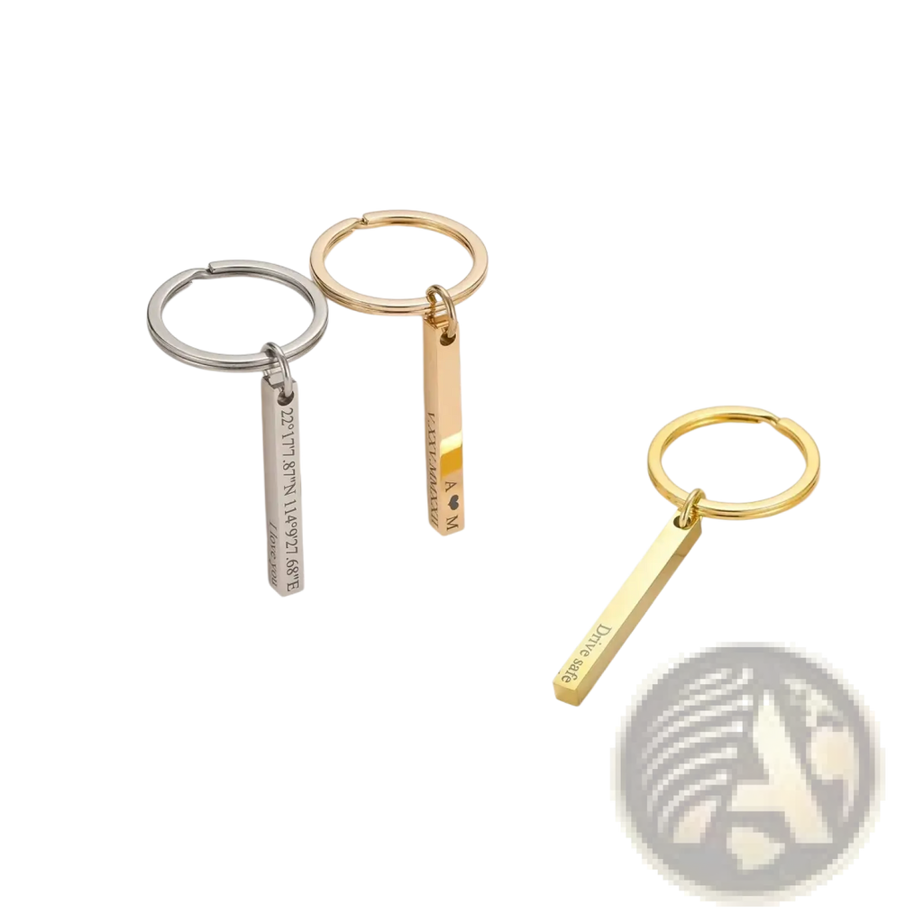 Custom engraved 4d bar keychain stainless steel in gold and silver with engraved text on metallic rectangular tags