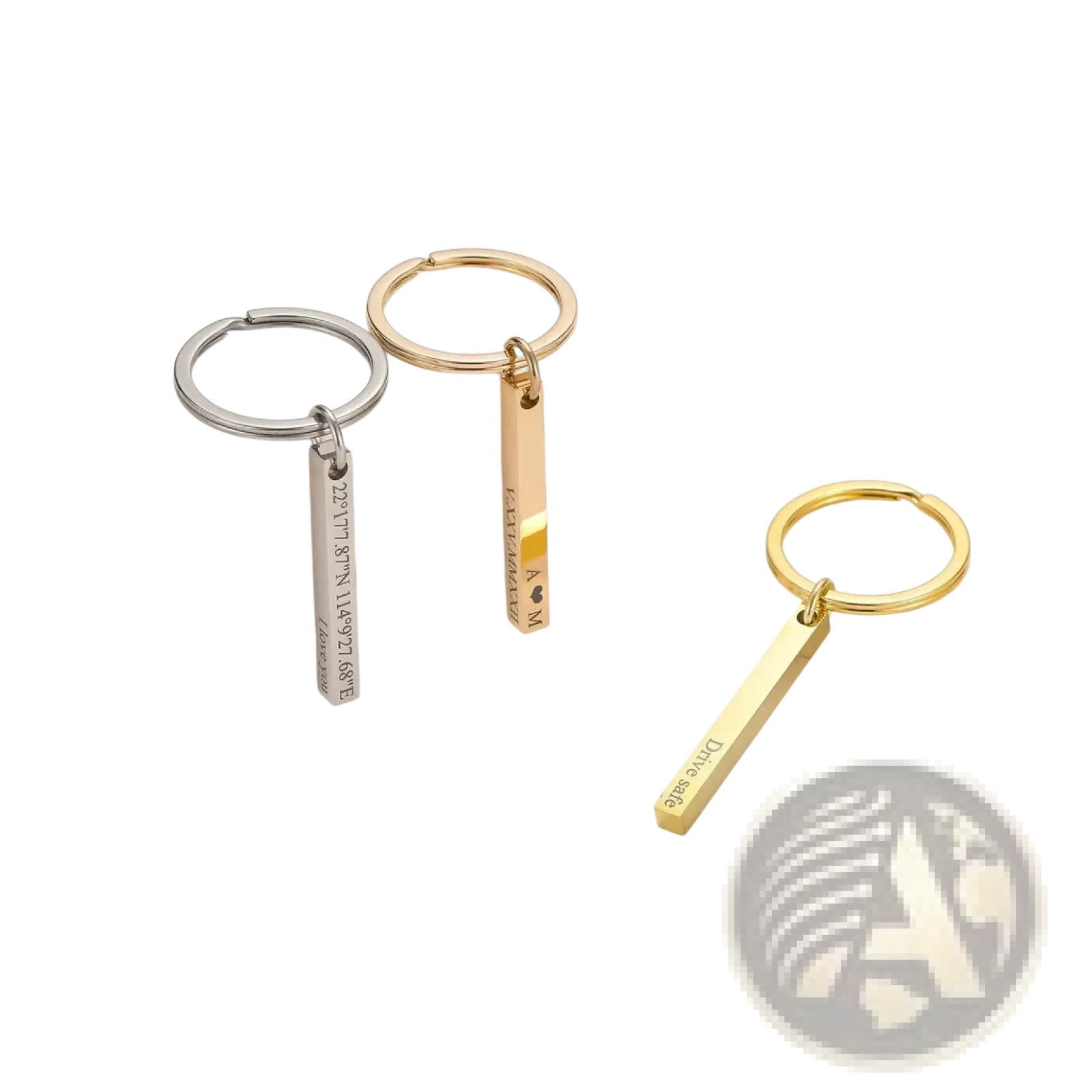 Custom engraved 4d bar keychain stainless steel in gold and silver with engraved text on metallic rectangular tags