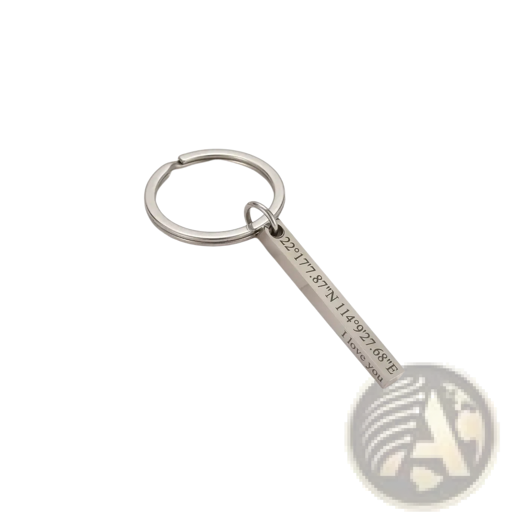 Silver stainless steel custom engraved 4d bar keychain with coordinates and i love you engraving on rectangular tag