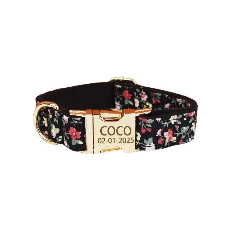 Black floral dog collar with gold tone buckle and personalized engraving for designer personalized pet accessories