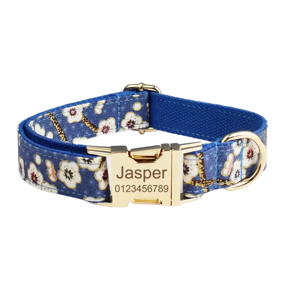 Blue floral-patterned designer personalized dog collar with gold-tone metal buckle and engraved nameplate for pet accessories