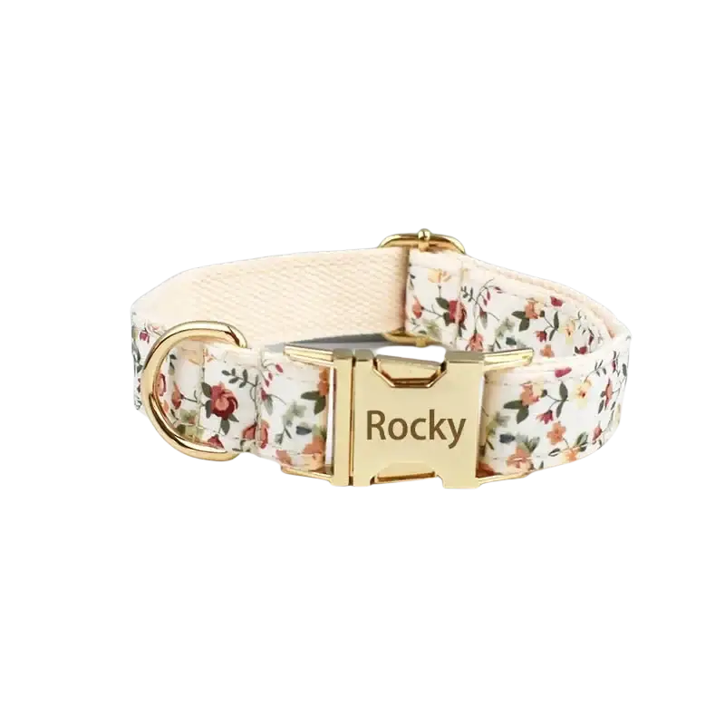 Cream-colored designer personalized dog collar with floral pattern gold-tone hardware and rocky engraved buckle pet accessories