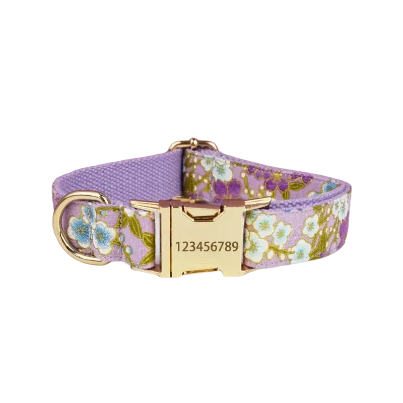 Custom engraved designer personalized lavender floral dog collar with gold-toned hardware for pet accessories