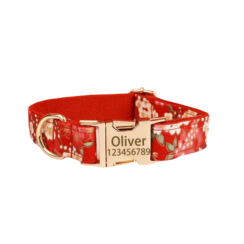 Red floral designer personalized dog collar with gold-tone metal buckle d-ring and custom engraved pet accessories