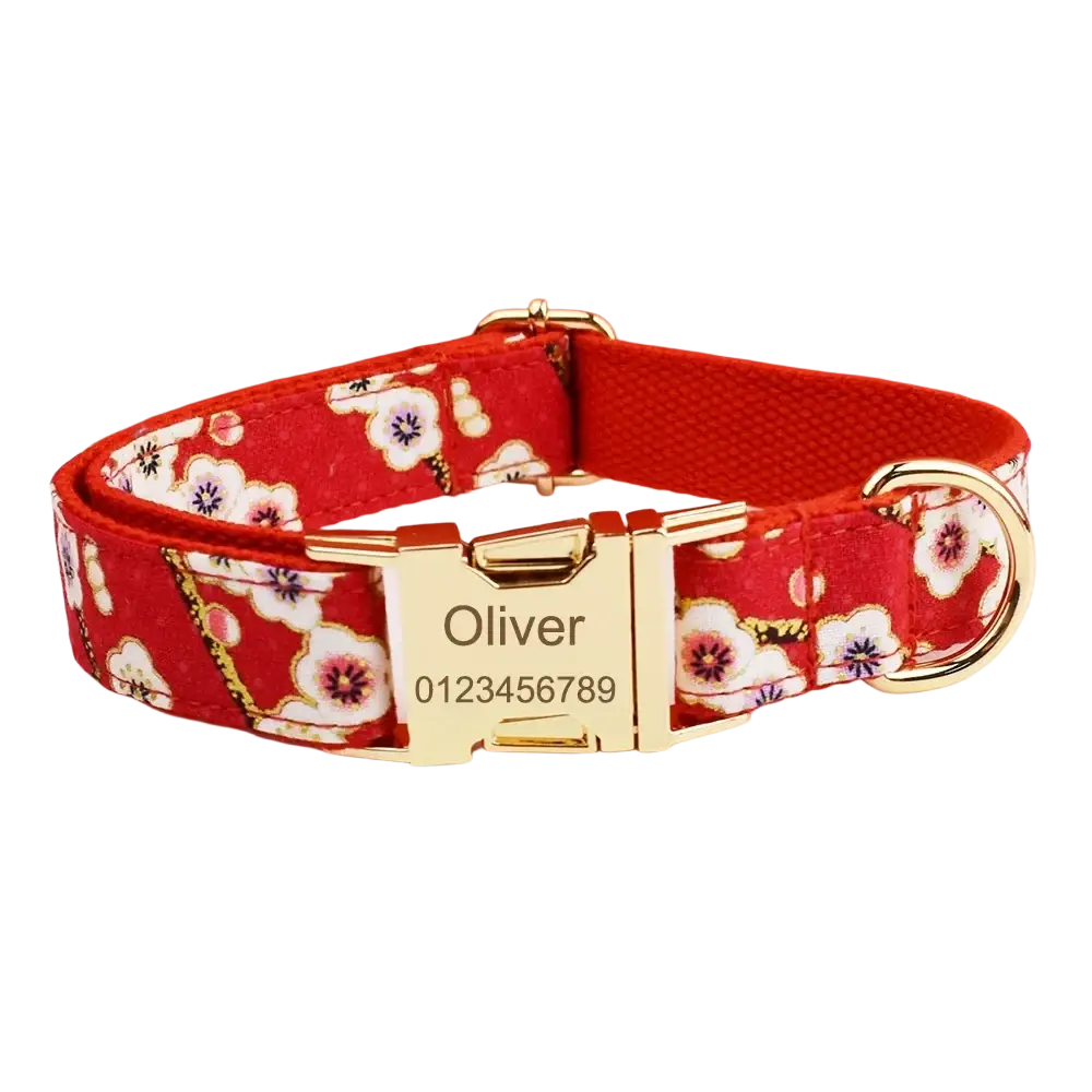 Red floral designer personalized dog collar with gold-tone metal buckle and engraved nameplate for pet accessories
