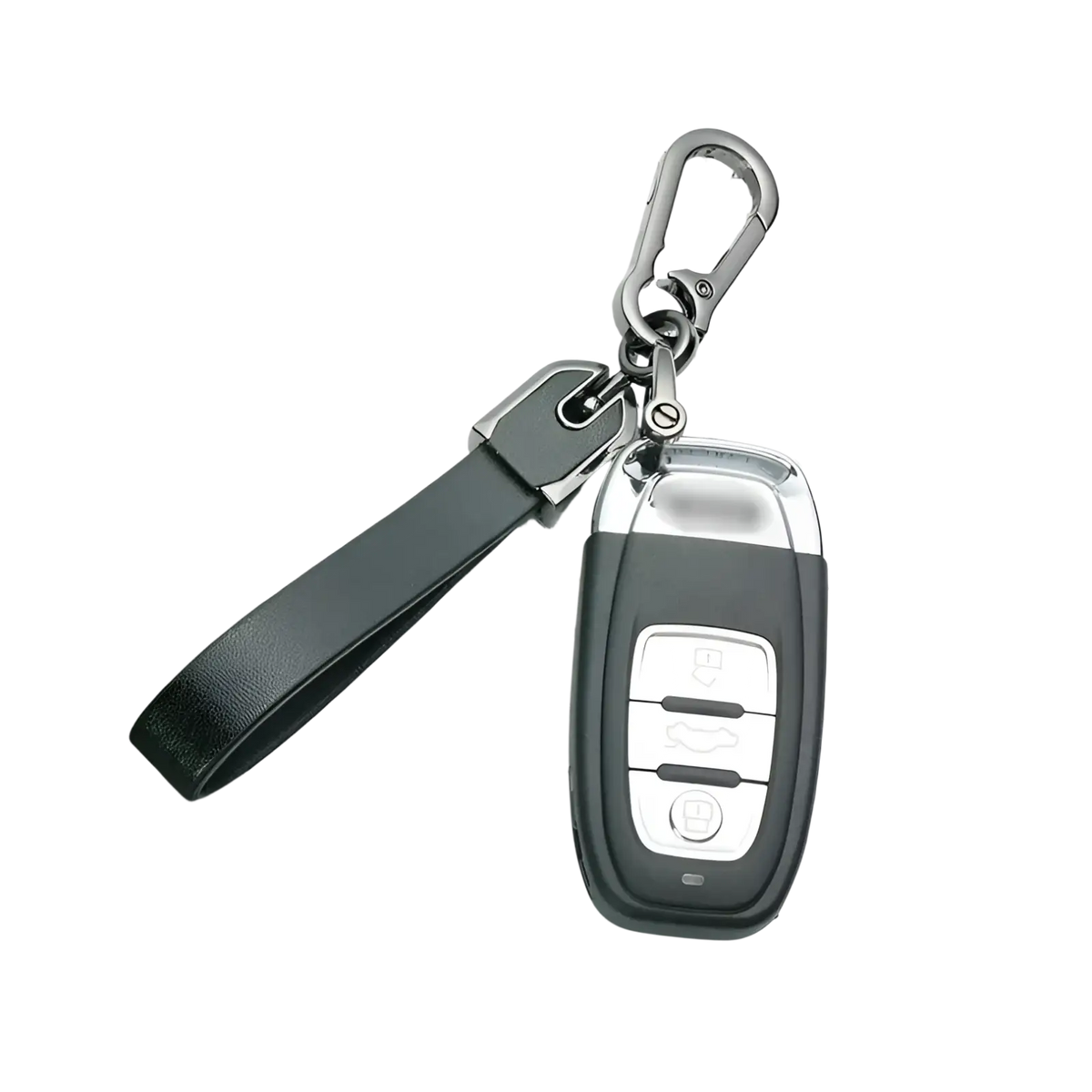 Custom engraved black leather keychain with silver accents holding a car key remote for personalized use