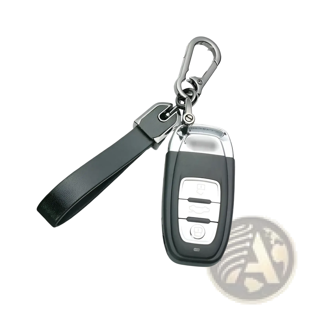 Custom engraved black leather keychain with silver accents holding a car key remote for personalized use