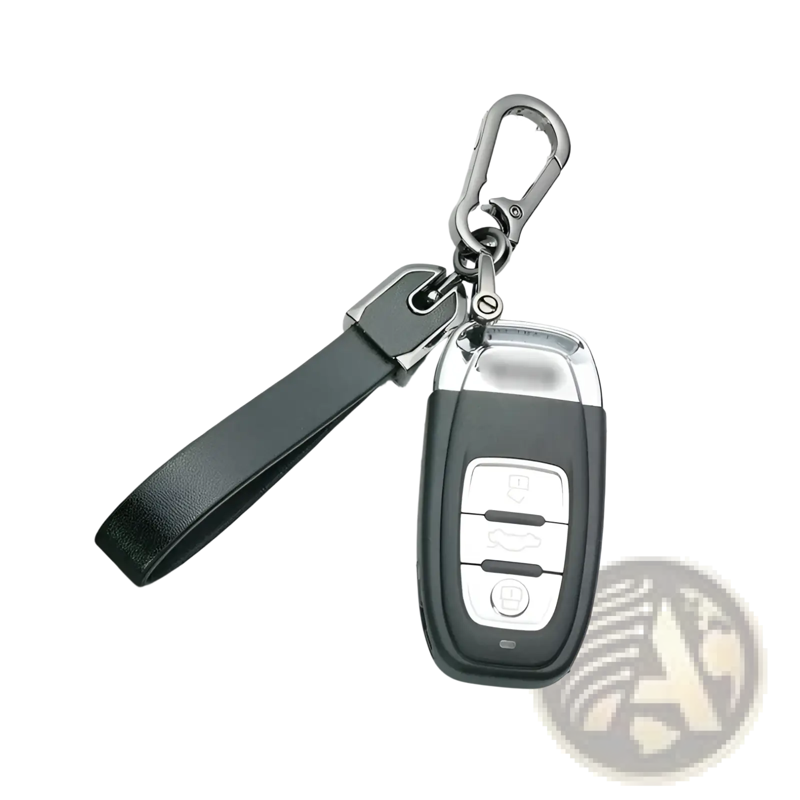 Custom engraved black leather keychain with silver accents holding a car key remote for personalized use