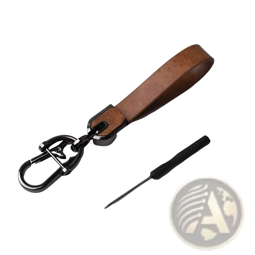 Custom engraved leather keychain with brown leather and black metal carabiner for personalized car key ring use