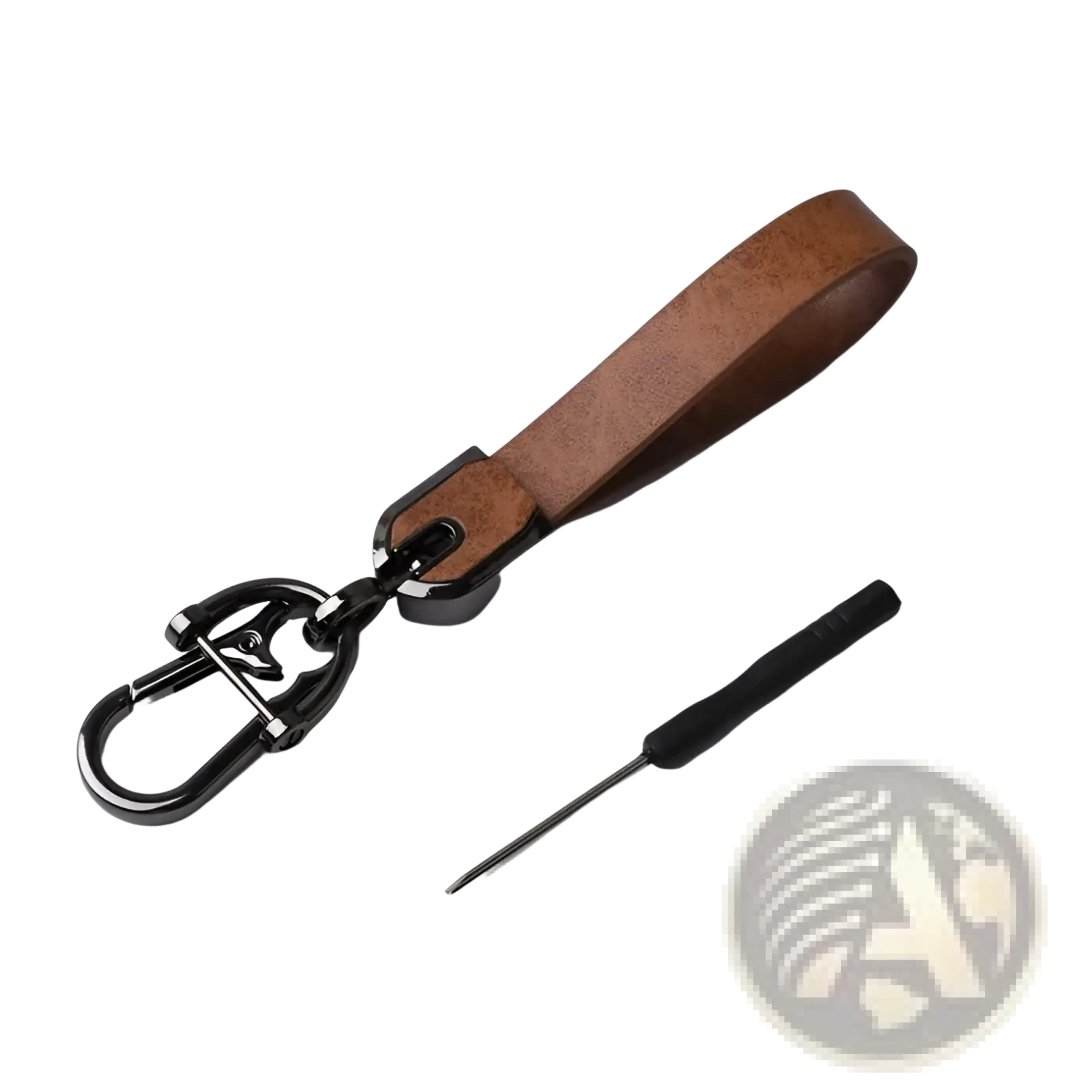 Custom engraved leather keychain with brown leather and black metal carabiner for personalized car key ring use
