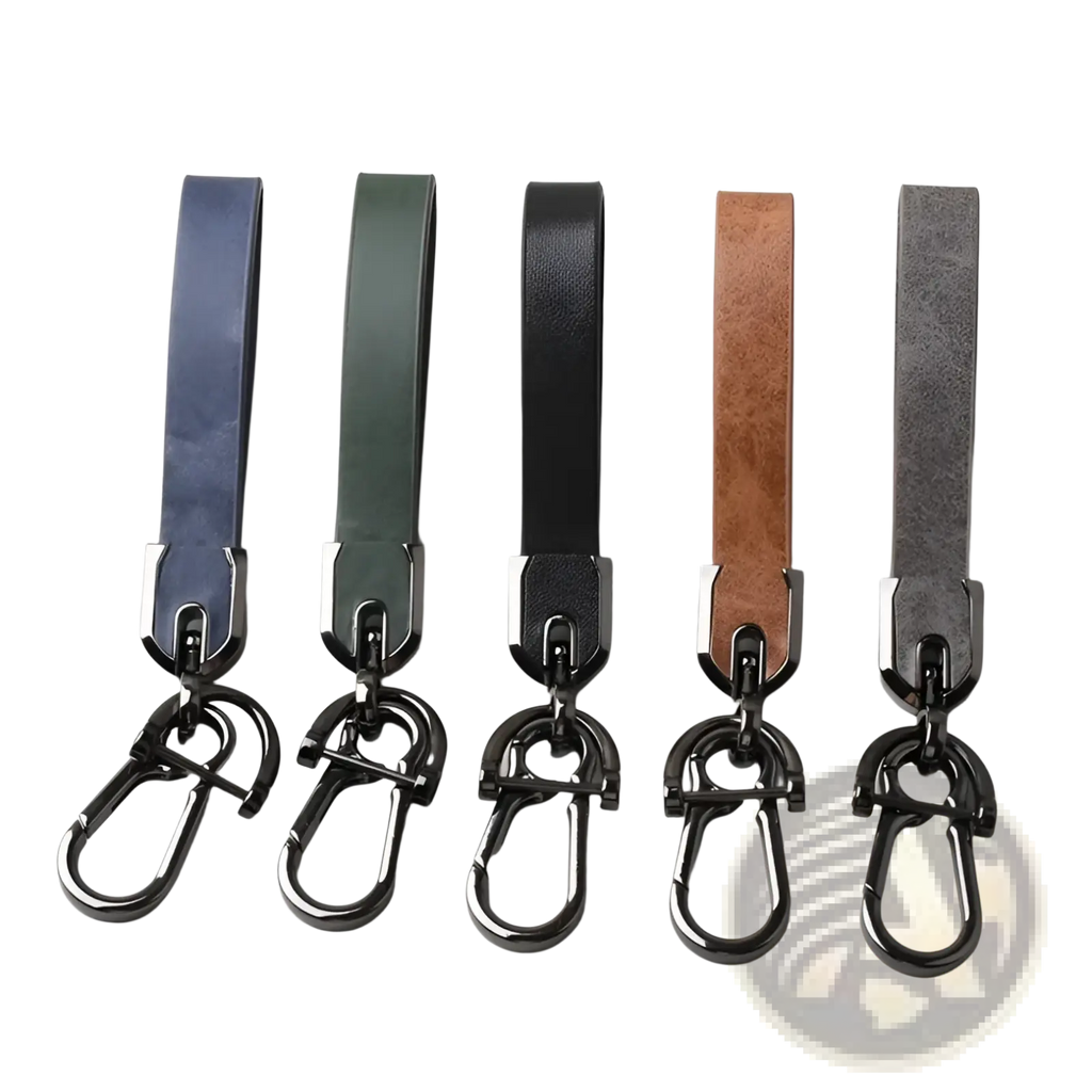Custom engraved leather keychain set with blue green black tan and gray leather and metallic carabiner clips