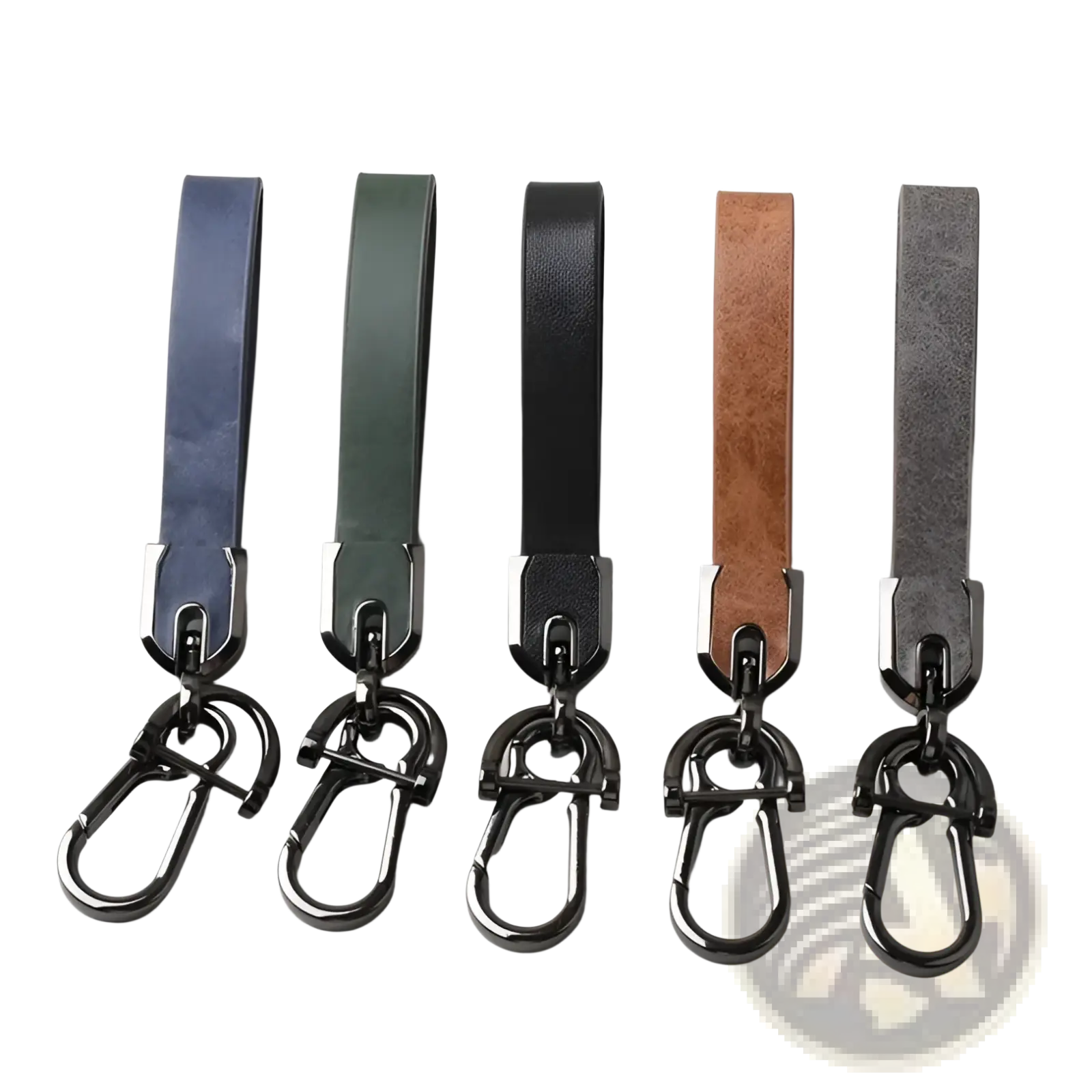 Custom engraved leather keychain set with blue green black tan and gray leather and metallic carabiner clips