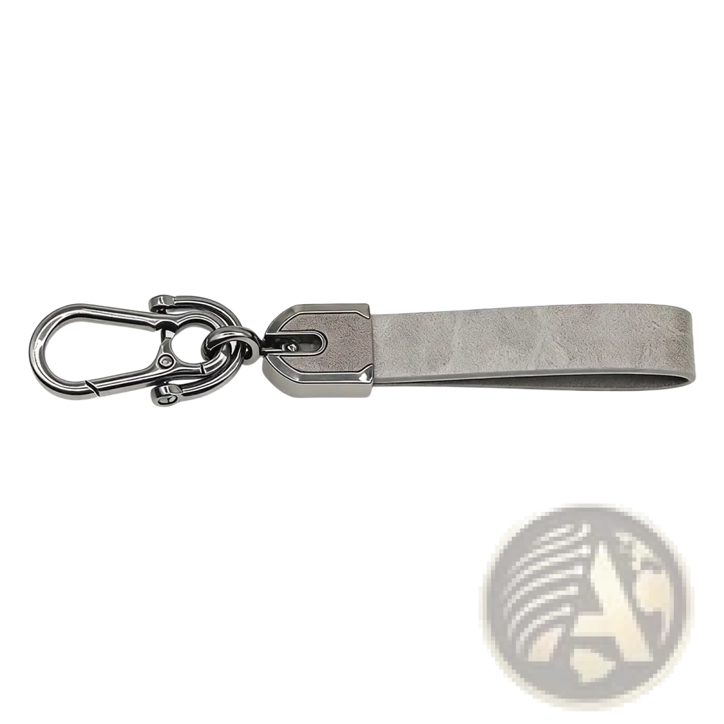 Gray faux leather custom engraved keychain with metallic carabiner clip and rectangular metal connector for car keys