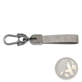 Gray faux leather custom engraved keychain with metallic carabiner clip and rectangular metal connector for car keys