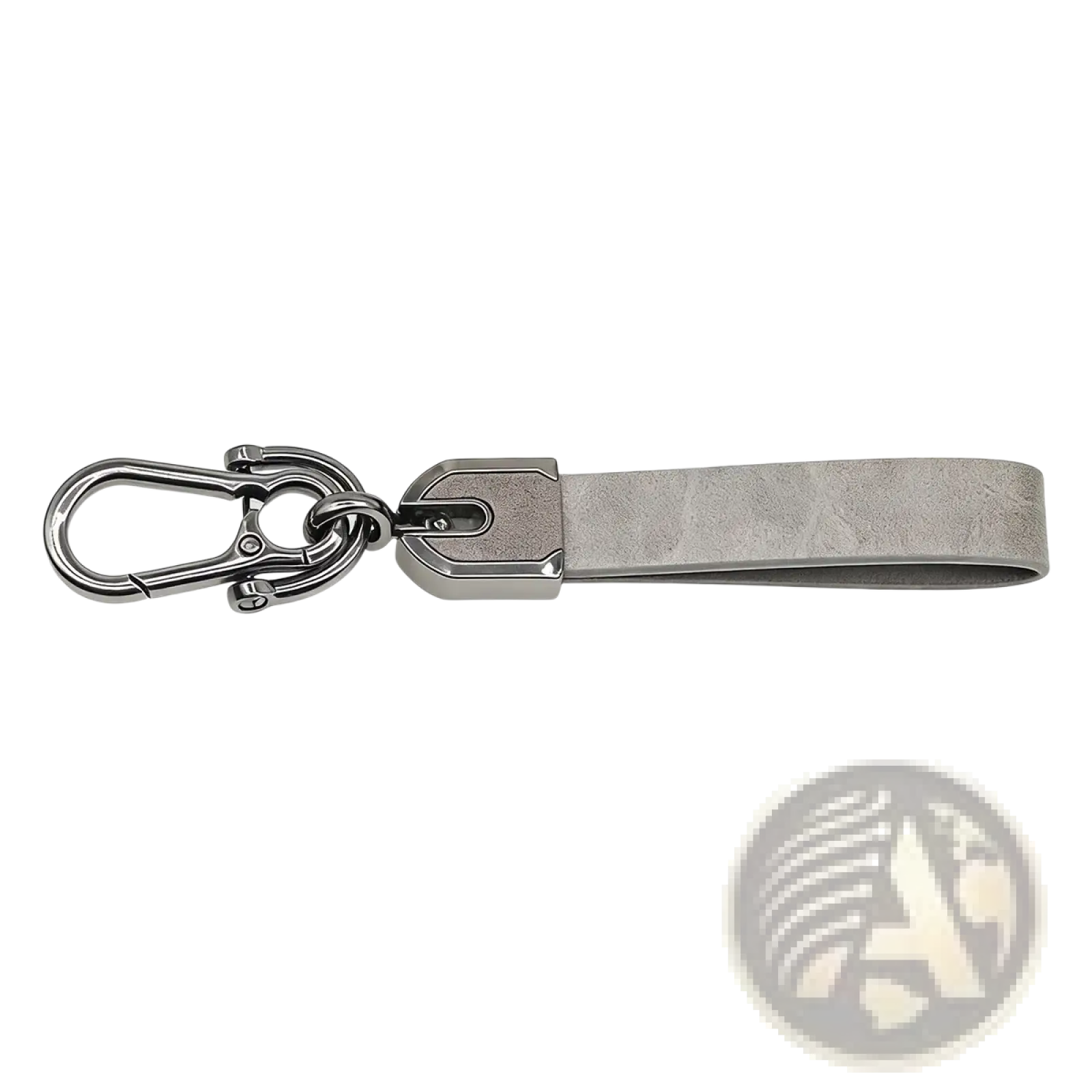 Gray faux leather custom engraved keychain with metallic carabiner clip and rectangular metal connector for car keys
