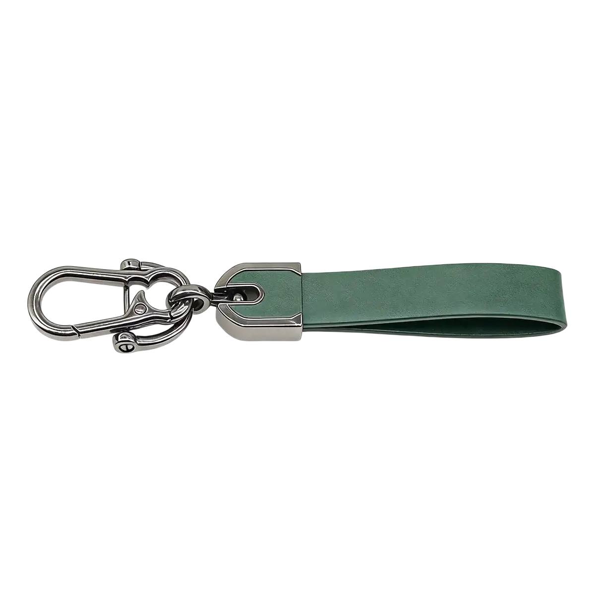 Green leather keychain with silver-toned metal clasp for custom engraved personalized car key ring
