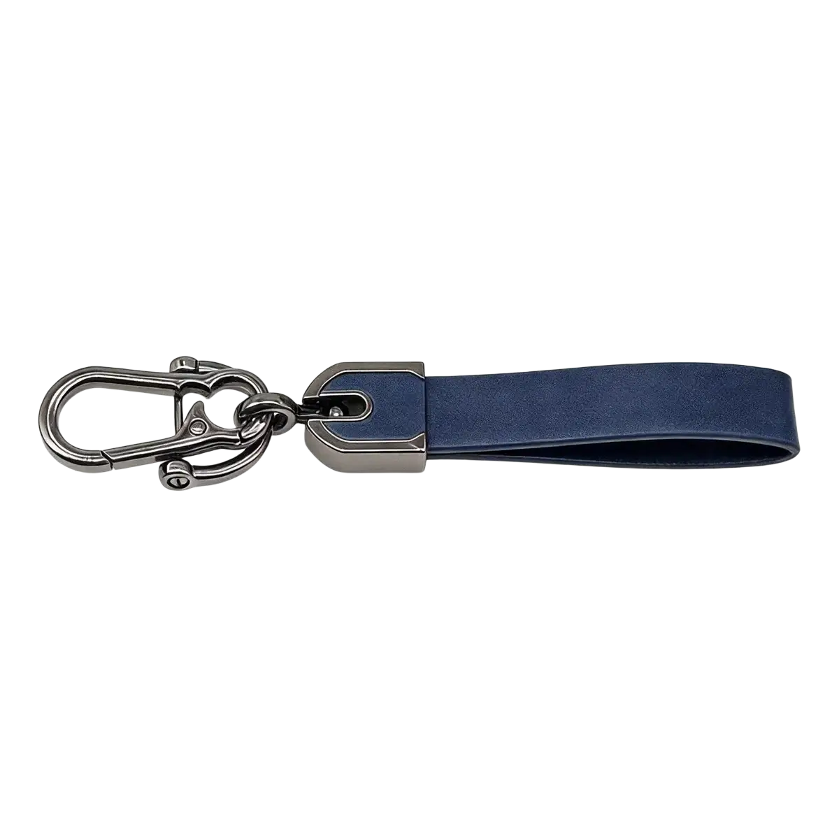 Navy blue leather custom engraved keychain with silver-toned metal clasp for personalized car key ring