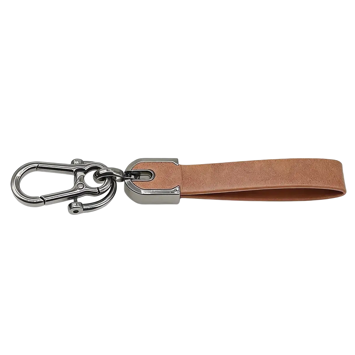 Tan leather custom engraved keychain with silver-toned metal carabiner and rectangular connector for car keys