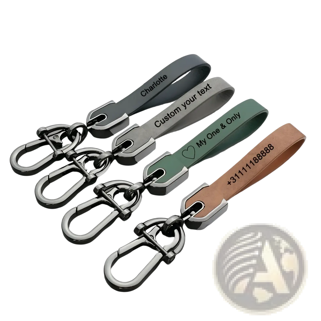Custom engraved leather keychain personalized car key ring with black gray green and tan leather straps and engraved text