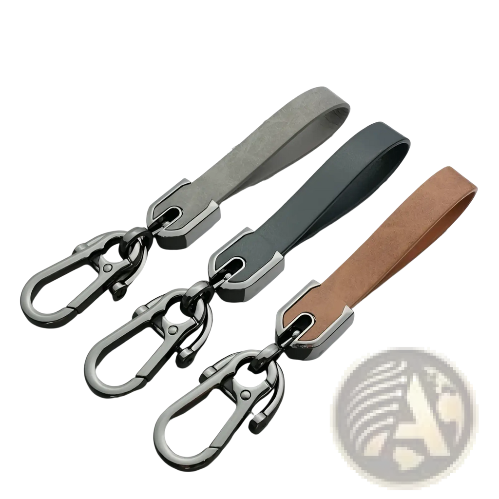 Custom engraved leather keychain with gray black and tan straps and metallic carabiner clips for personalized use