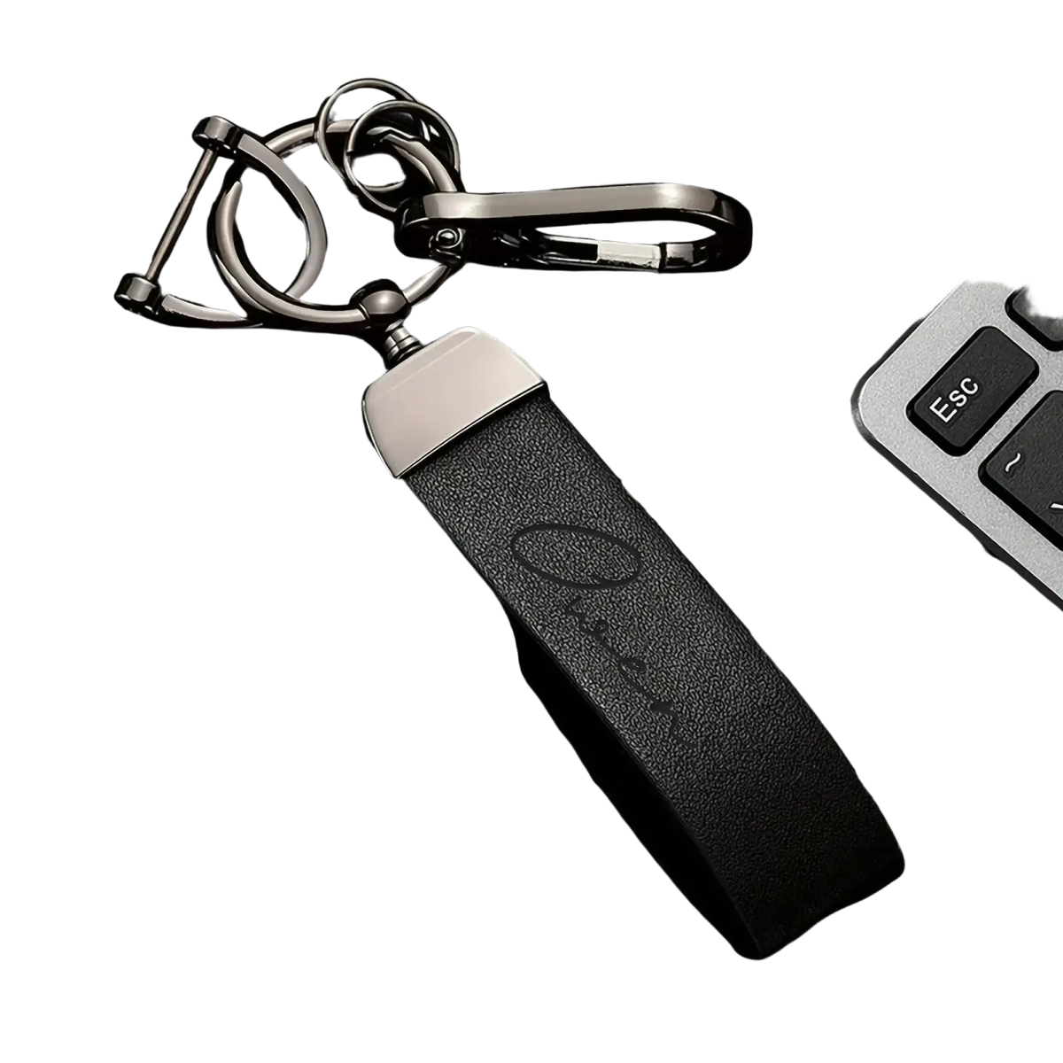Custom engraved black leather keychain with silver metal clasp and embossed logo personalized gift accessory