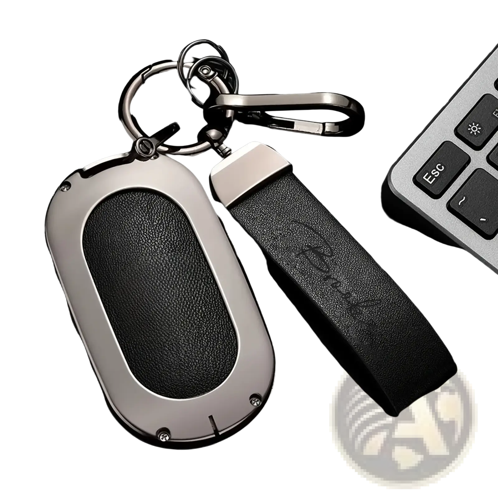 Black leather key fob with sleek silver frame and embossed strap personalized as a custom engraved leather keychain gift