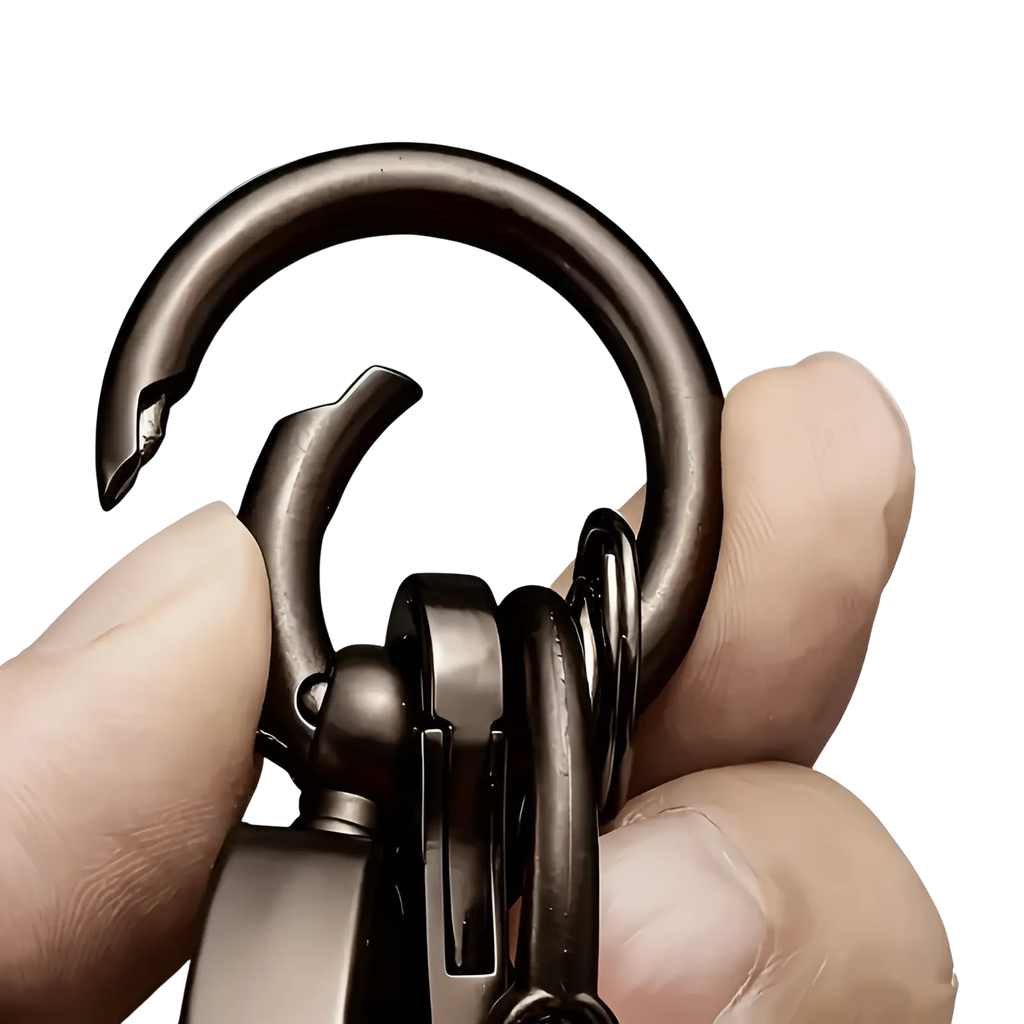 Custom engraved leather keychain with black metal hook and multiple attached rings for personalized gift use