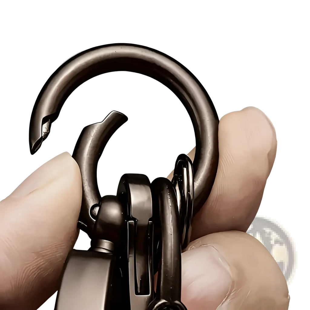 Custom engraved leather keychain with black metal hook and multiple attached rings for personalized gift use