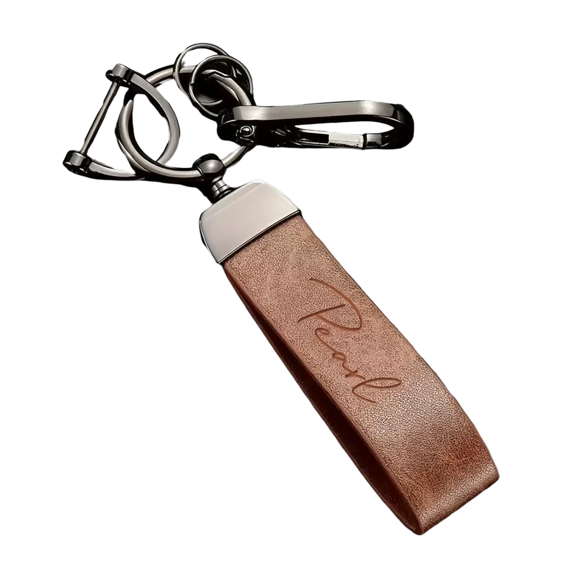 Custom engraved brown leather keychain with silver-toned metal top and personalized signature design gift