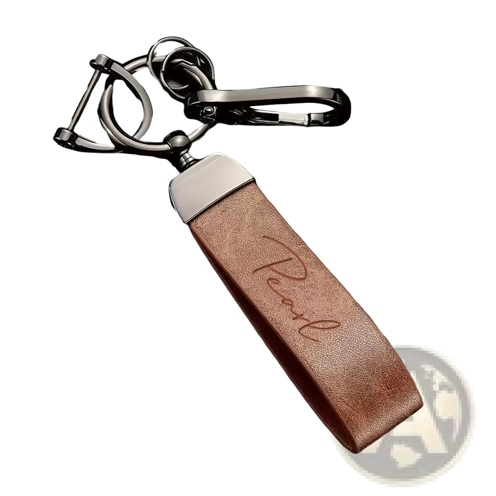 Custom engraved brown leather keychain with silver-toned metal top and personalized signature design gift