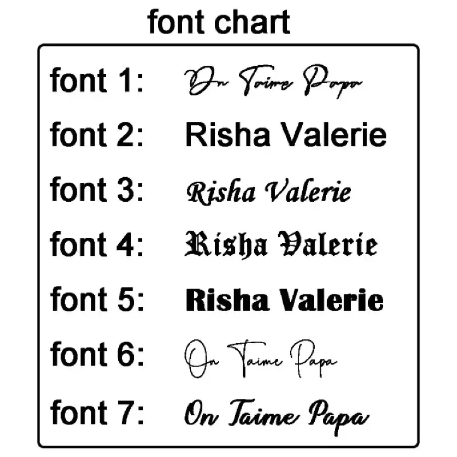 Font chart showing seven black font styles for a custom engraved leather keychain personalized gift on white background