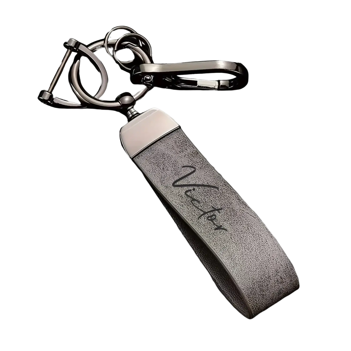 Custom engraved gray leather keychain with brushed metal top and cursive victor engraving personalized gift