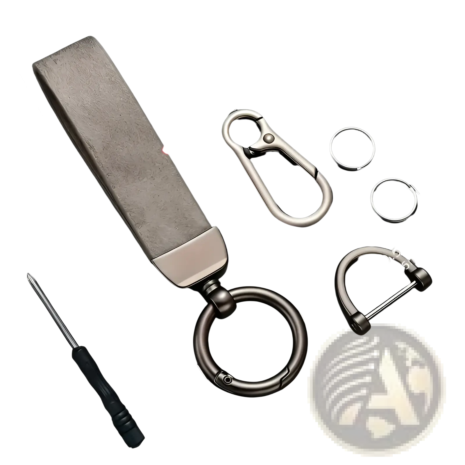 A sleek rectangular custom engraved leather keychain with textured gray stone top and polished silver metal base